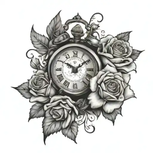 Masculine Tattoo With Clock And Roses