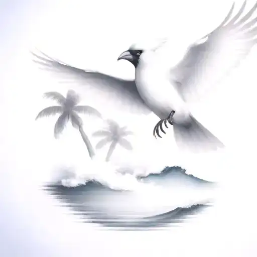 Flying Cardinal To The Ocean And Palm Tree With Big Wave