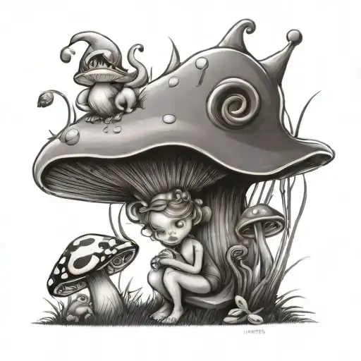 Mushrooms With 1Fairg Princess And 1 Fairy Dog And Snails And Grass