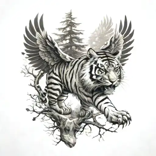 A Tiger With An Eagle Soaring Over The Trees