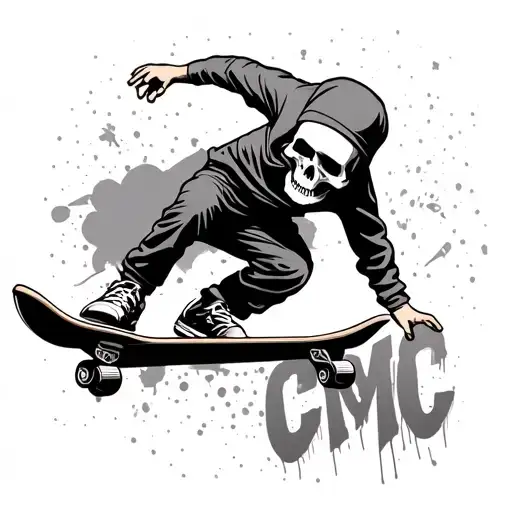A Skater With A Skull For A Head Doing A Trick With Graffiti Underneath Which Says Cmc