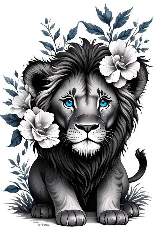 Baby Lion With Flowers Coming Around Its Head And Eyes With Blue Eyes
