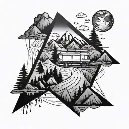 Road-trip Tattoo In A Triangle Containing Road Trees Mountains In Background City