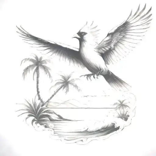 Flying Cardinal To The Ocean And Palm Tree With Clouds