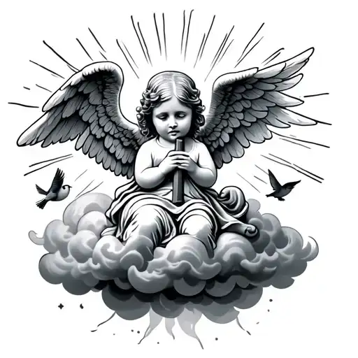 Baby Angel Holding A Cross On A Cloud Rays Coming Out Of Cloudand Little Bird Flying Around Her
