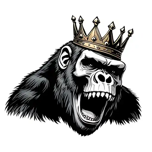 Screaming Gorilla With Crown And Skull Side Profile