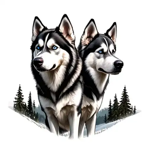 Two Husky Dog With Landscape On The Back