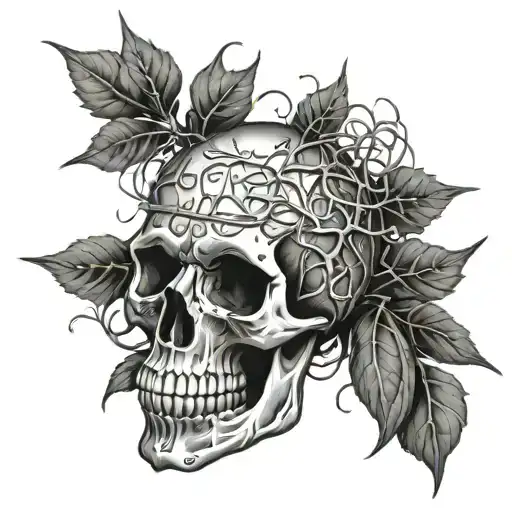 Skull Surrounded By Thin Vines With Thorns With Lsd Chemical Formula