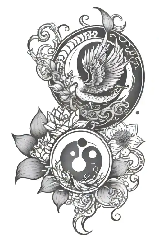 Moon Cycle With Lotus Flower And Yin Yang Sign Along With Phoenix