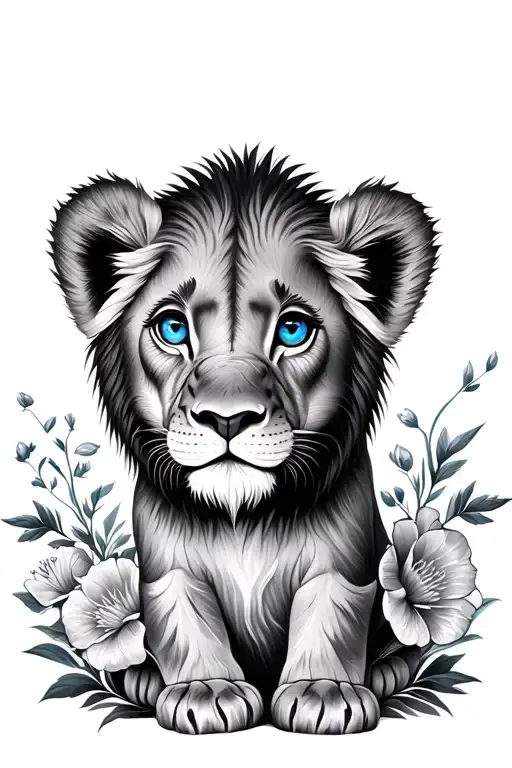 Baby Lion With Flowers And Blue Eyes