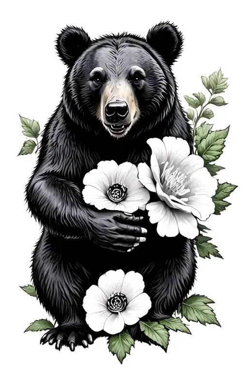 Fighting Black Bear With Hollyhock Flowers