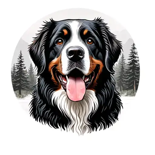 Bernese Bouvier With Forest In The Background And A Black And White Road