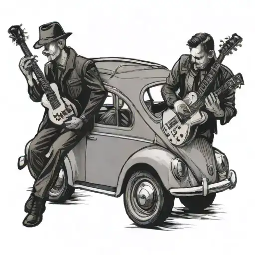 Man Inside Volkswagen Beetle With Another Man Leaning On Hood Playing Guitar