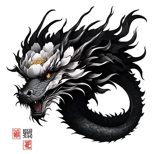 Dragon Japanese With Peonie But All In Realism And Black En Grey