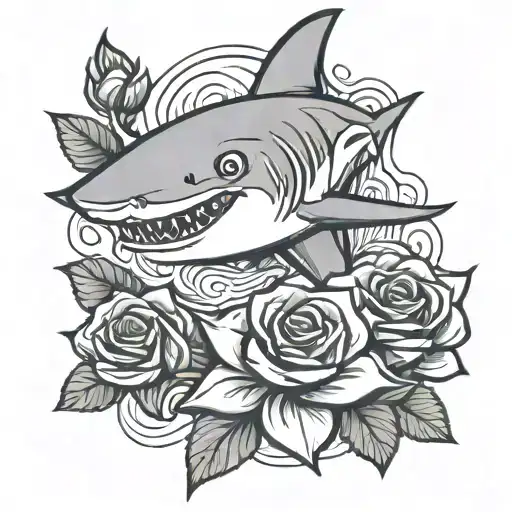 Small Cute Romantic Cartoon Shark With Rose