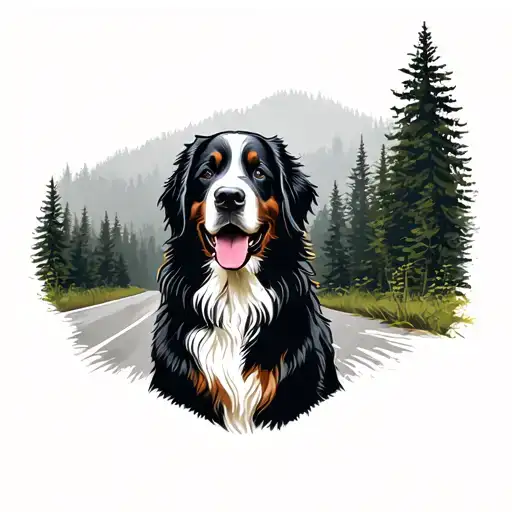 Bernese Bouvier With Forest In The Background And A Road