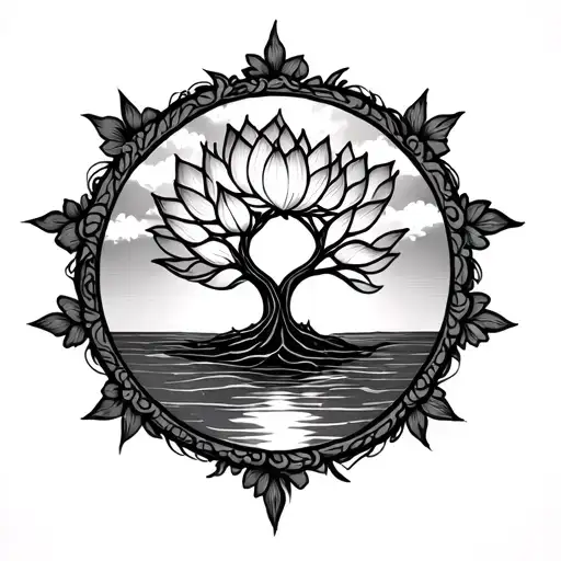 Lotus With Tree Of Life And A Sunrise