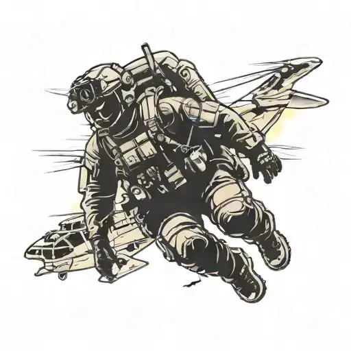 A Silhouette Of A Pararescue Jumper Descending From A Helicopter With A Sunset Background