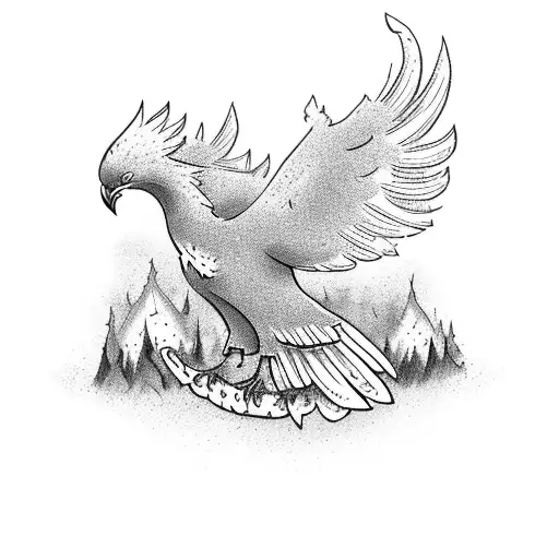 A Camping Scene With A Majestic Phoenix Bird In Black-grey Style