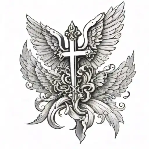 Christian Cross With Archangel Wings Spread Same Size Wings Both Sides