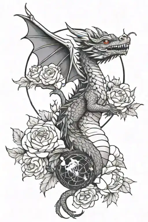 Cute Dragon With Peonys Holding The Moon Phases