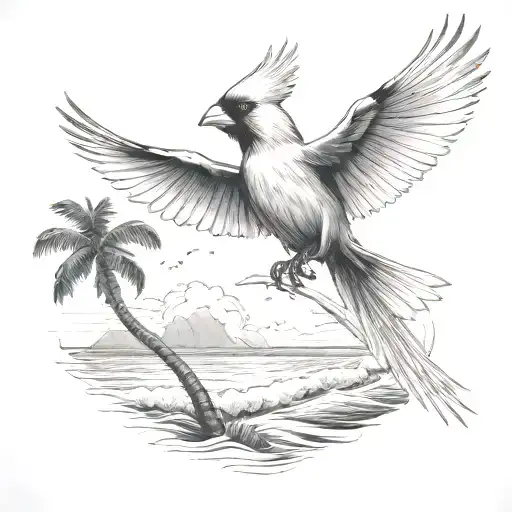 Flying Cardinal To The Ocean And Palm Tree With Storm