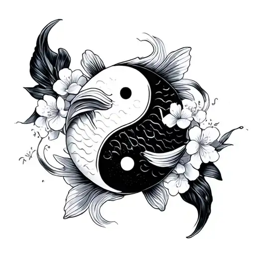 Koi Fish Yin And Yang With Cherry Blossoms Wrapped