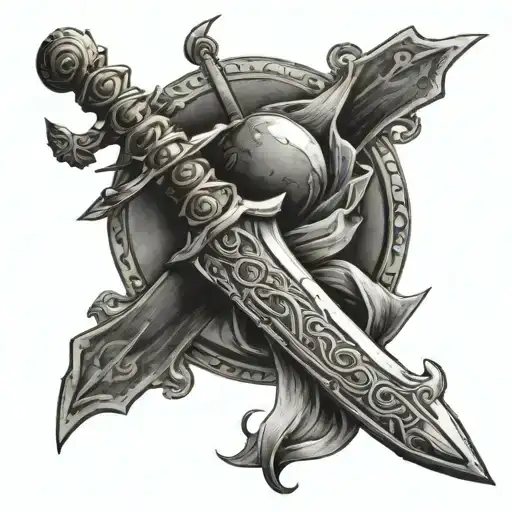 Crecent Moon On Top Of Sword Wrapped Around With Peyony