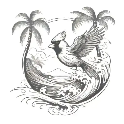 Cardinal Flying Under An Ocean Wave With Palm Tree Background
