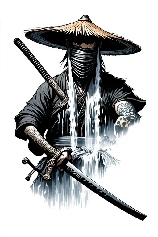 Japanese Ronin Wielding Katana And Wearing Strawhat Covering His Face With Waterfall Behind