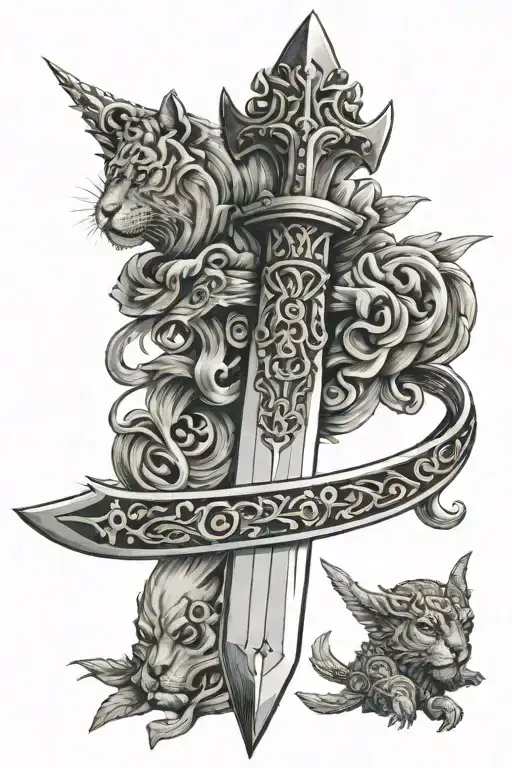 A Sword With A Crown At The Top Of The Handle With Animals Crawling Up Around The Sword