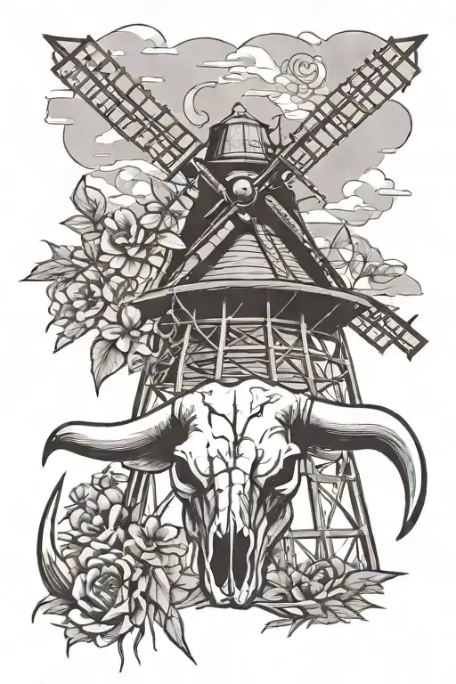 Bull Skull And Australian Farm Windmill Tower