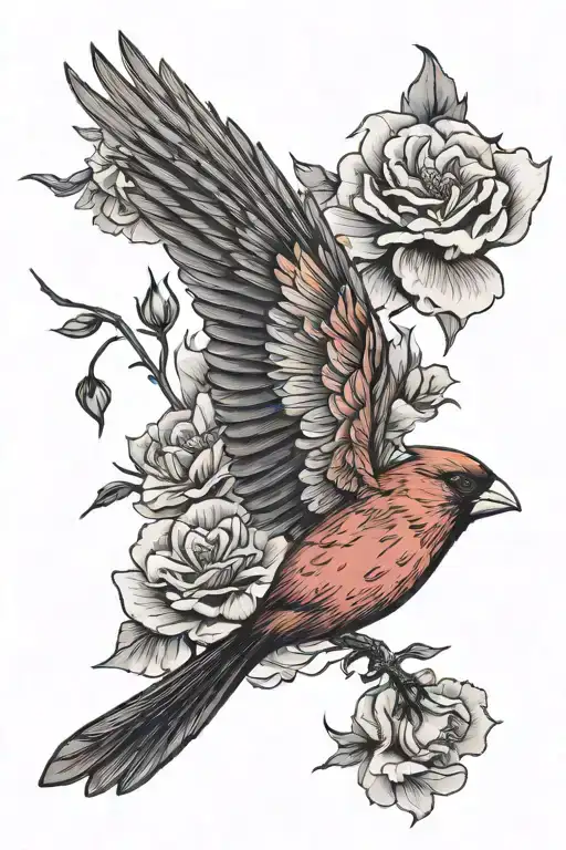 Cardinal Flying Through Carnations