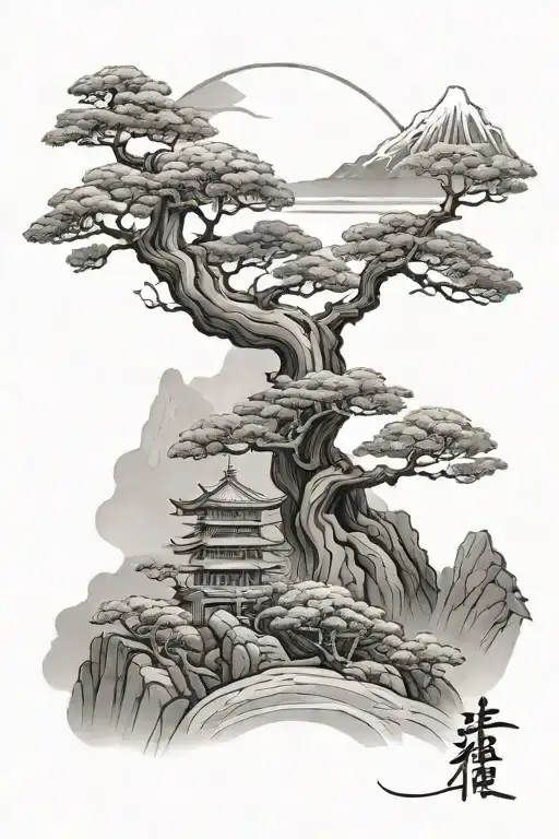 Japanese Mountians With Bonsai Tree