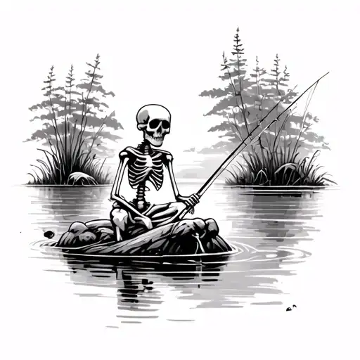 Simple Skeleton Fishing In Small Pond From The Bank