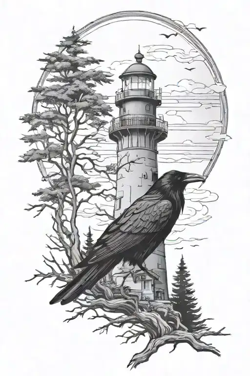 Raven With Spooky Lighthouse In The Desolate Forest