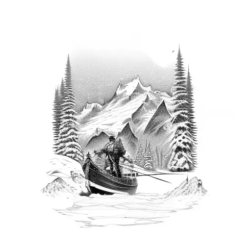 Intricate Design Of A Longshoreman Hauling Cargo With A Background Of Snow-covered Peaks