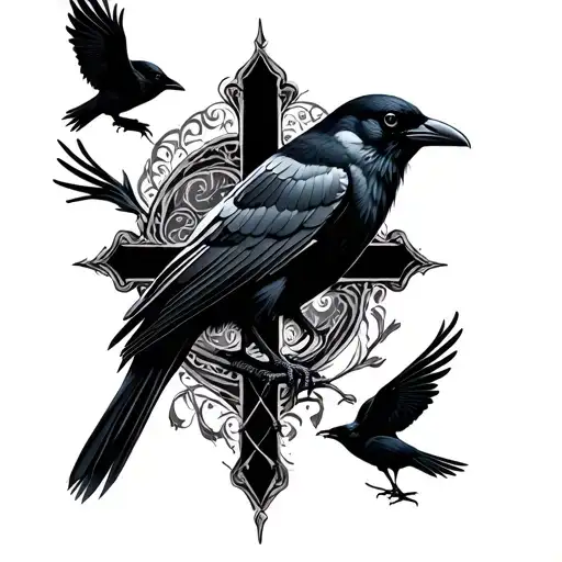 Black Crow On Black Cross With Crows Around It