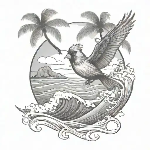 Cardinal Flying Under An Ocean Wave With Palm Tree Background