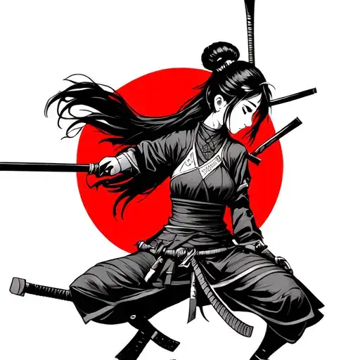 Girl Samurai Against The Backdrop Of A Red Circle