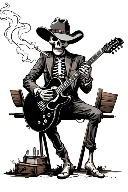 Cowboy Skeleton Playing Guitar Smoking Cigarette