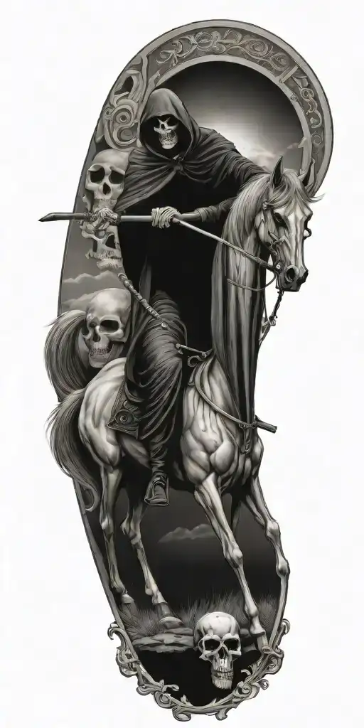 Grim Reaper In Graveyard On Horse With Skulls