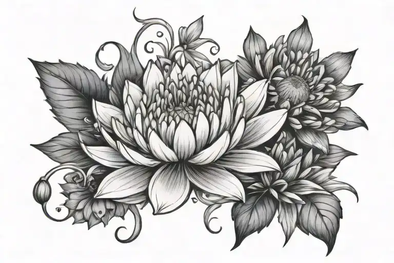 Chrysanthemum Tangled With Water Lily And Aster Flower