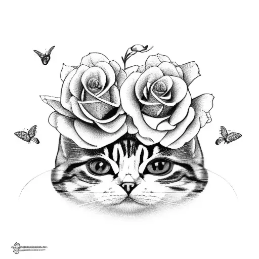 Cat And Butterfly Near Roses And Forget Me Not Flowers