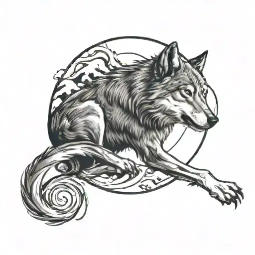 Wolf Eating It's Tail In The Shape Of A Moon Surrounded