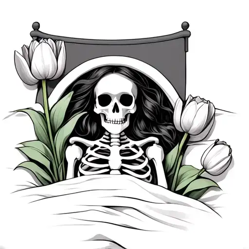 Womans Skeleton In Bed With Tulip Flower Growing