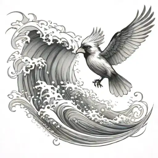 Cardinal Flying Under An Ocean Wave With Palm Tree Background