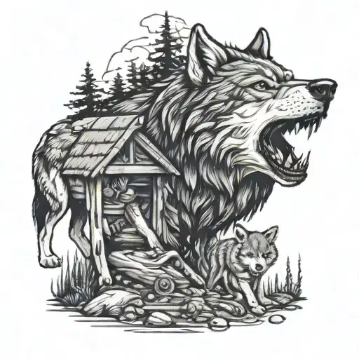 Wolf And Cubs Cabin In Background