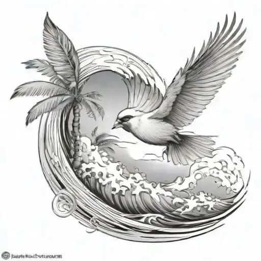 Cardinal Flying Under An Ocean Wave With Palm Tree Background