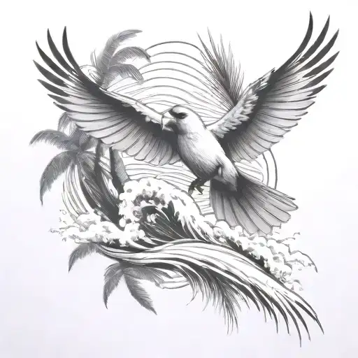 Cardinal Flying Under An Ocean Wave With Palm Tree Background